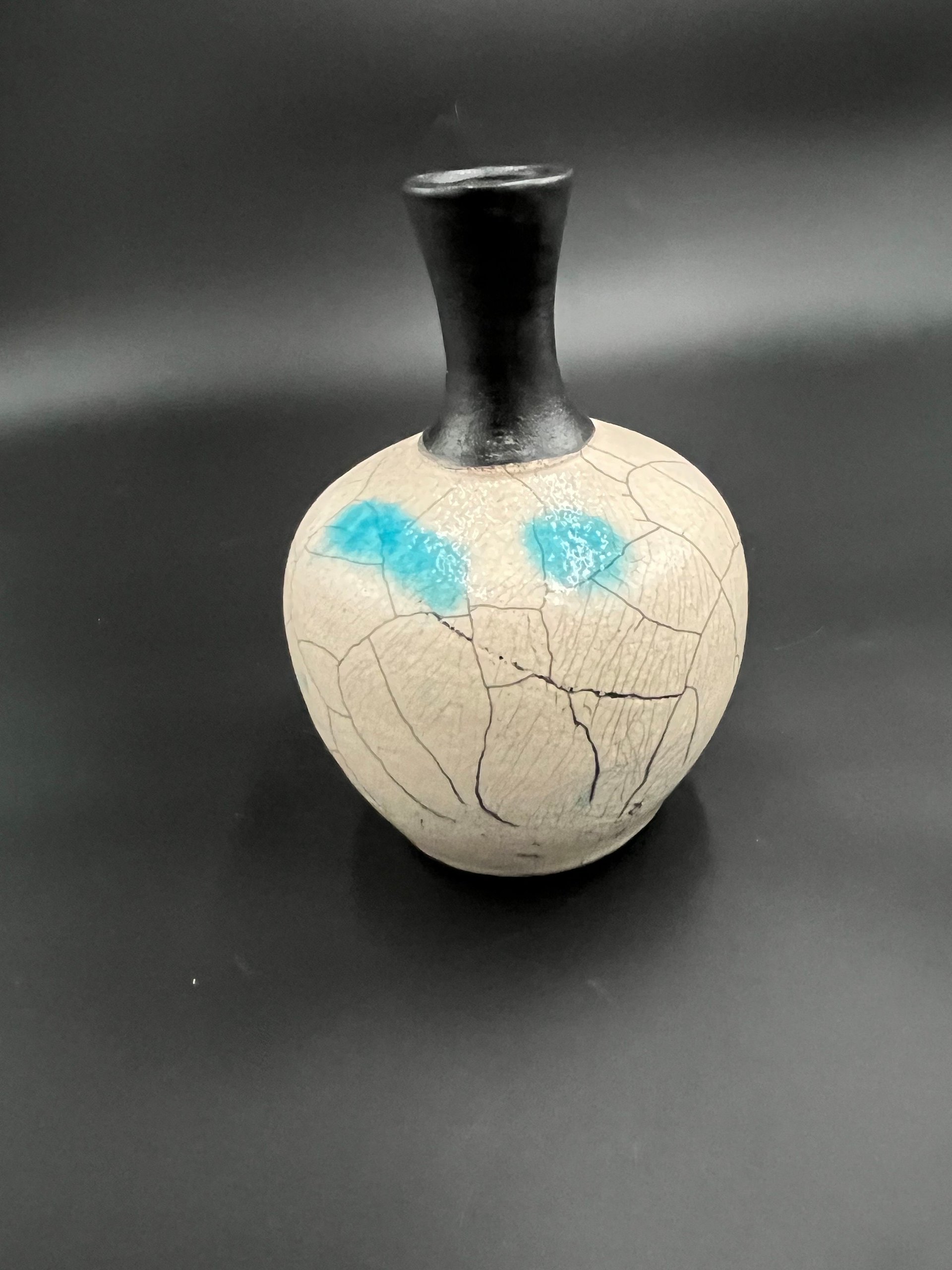 Blue and White Crackle Ceramic Bottle vase - Raku fired