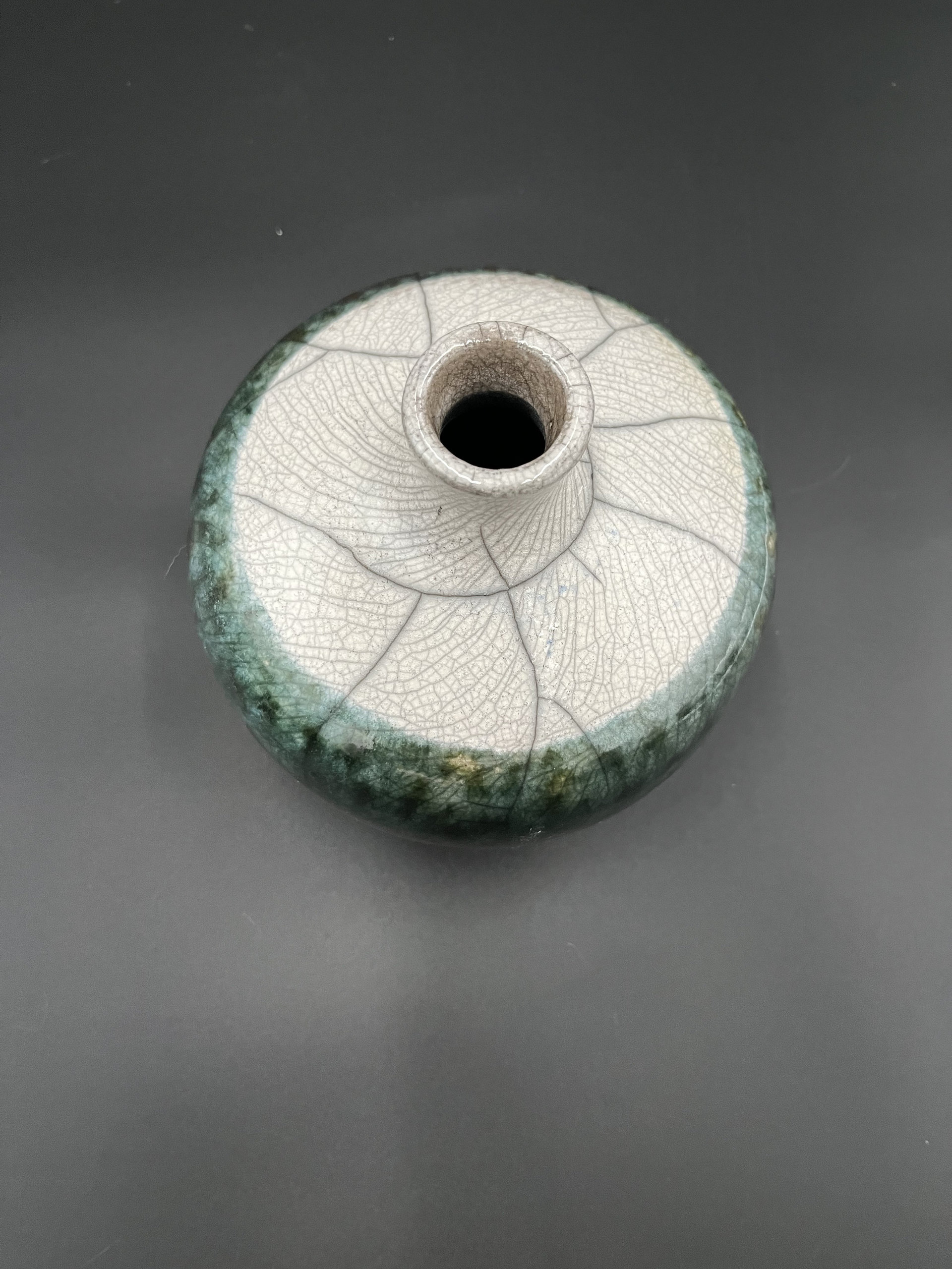 Copper, Green, and White Crackle Ceramic Bottle Vase - Raku fired