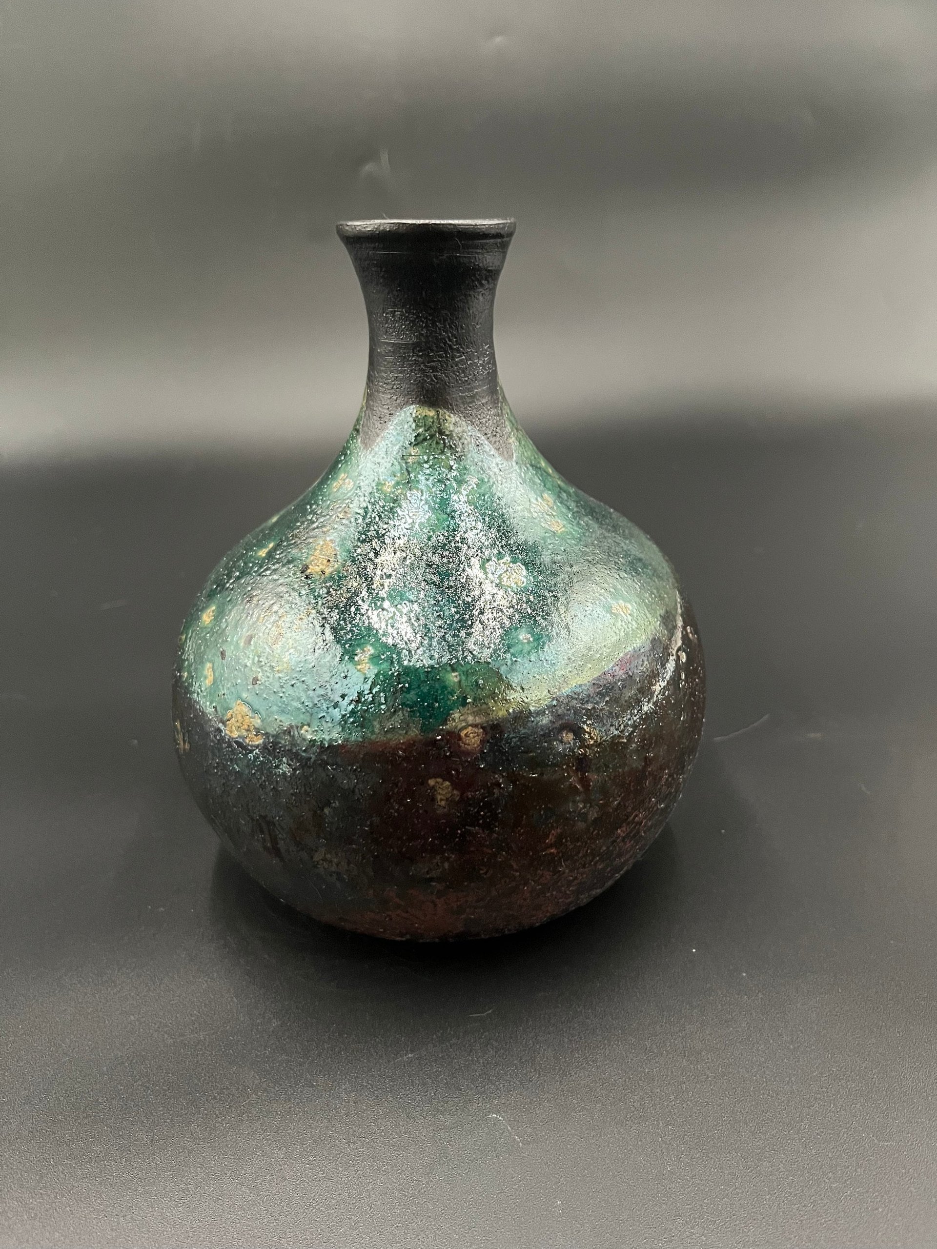 Irridescent Green Ceramic Bottle Vase - Raku fired