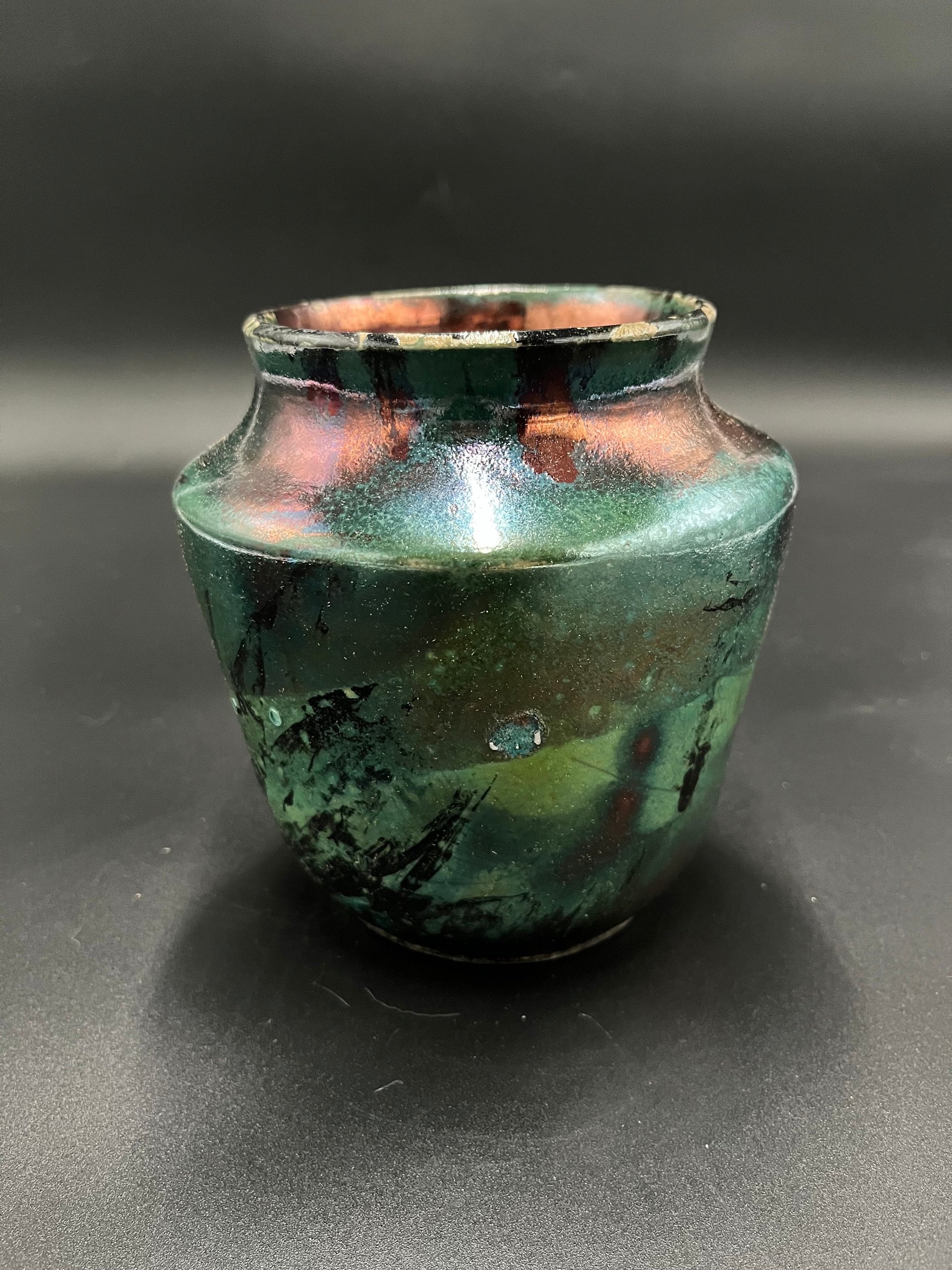 Handmade Green and Copper Irridescent Ceramic vase - Raku fired