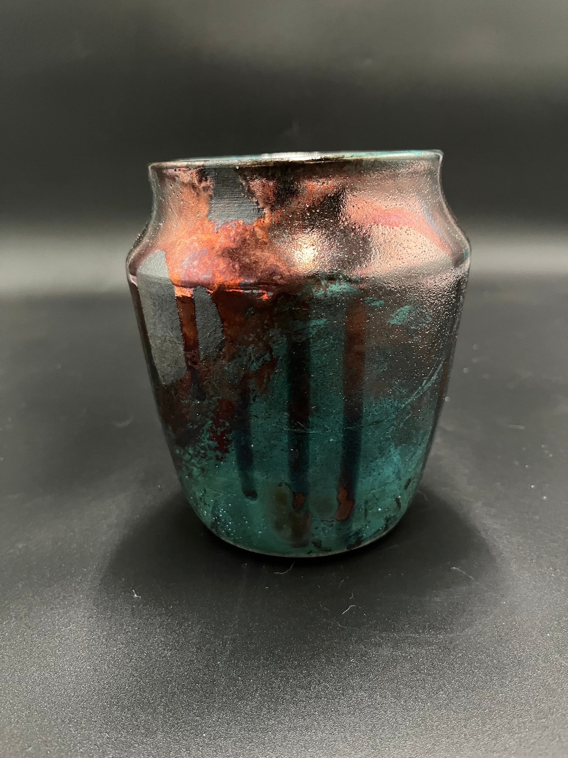 Handmade Green and Copper Irridescent Ceramic vase - Raku fired