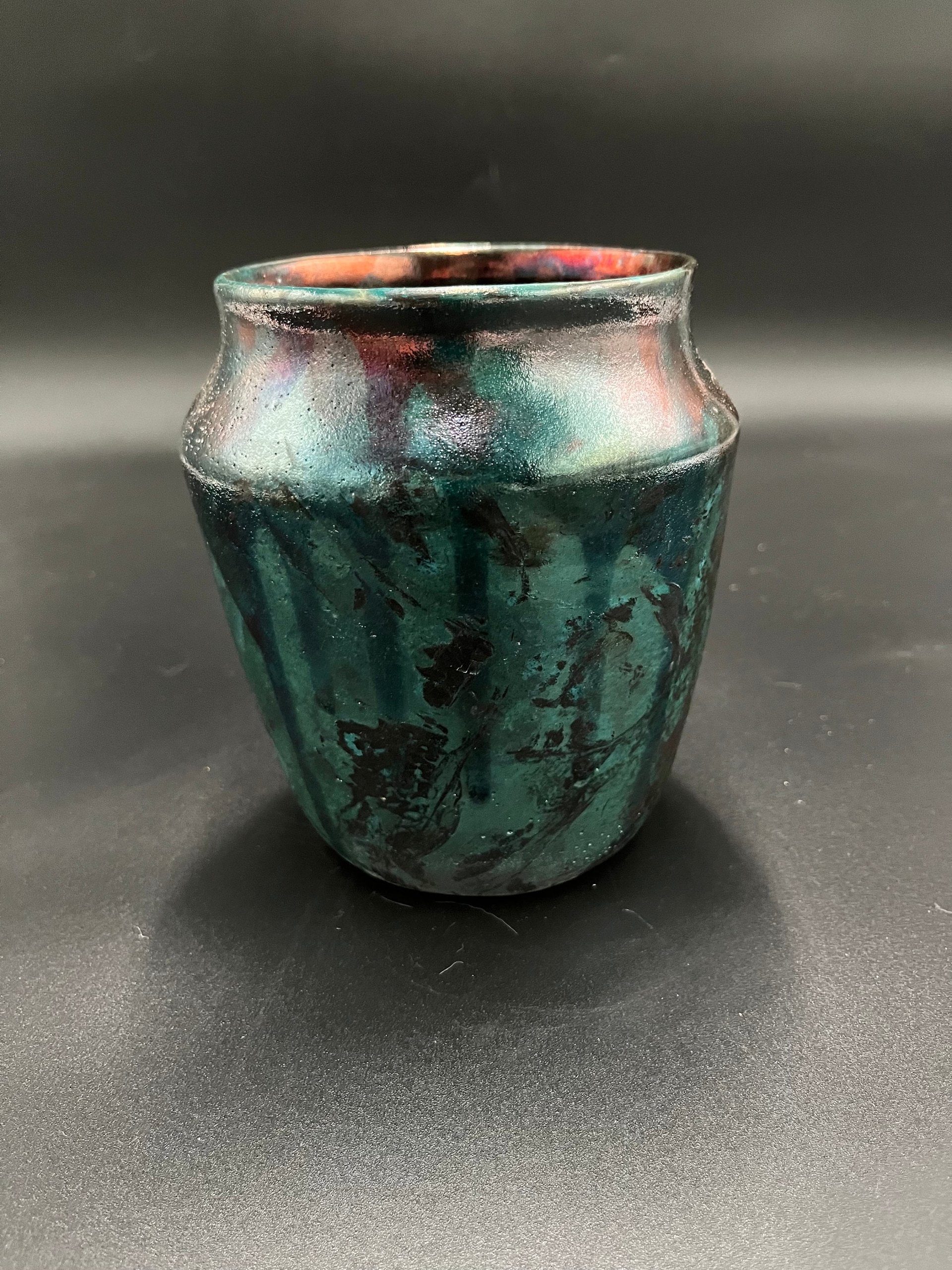 Handmade Green and Copper Irridescent Ceramic vase - Raku fired