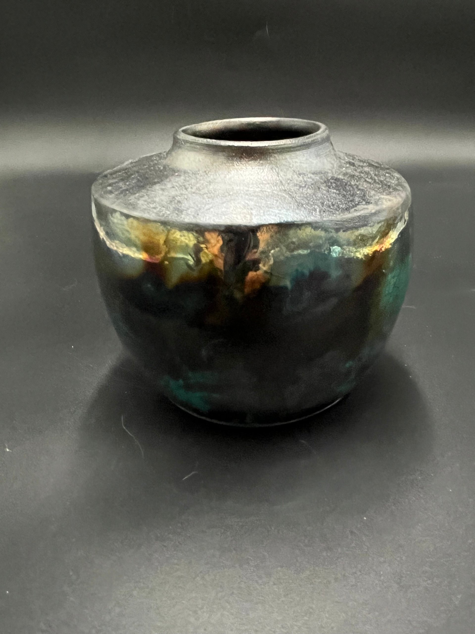Handmade Green and Copper Irridescent Ceramic vase - Raku fired