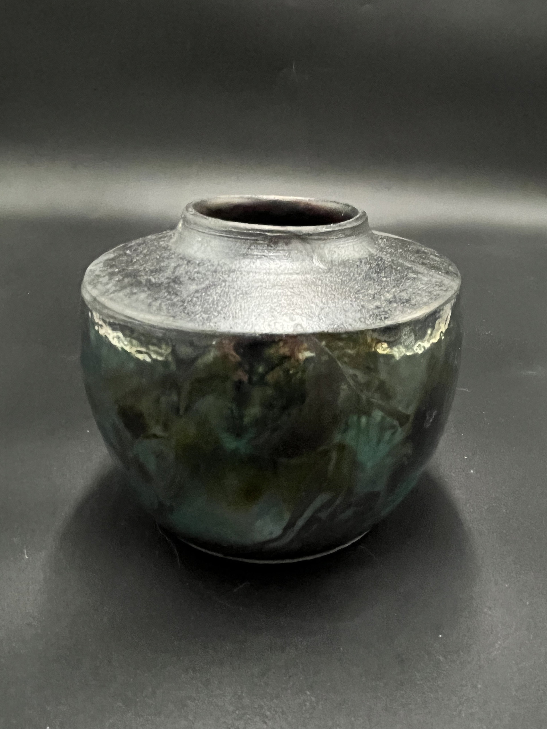 Handmade Green and Copper Irridescent Ceramic vase - Raku fired