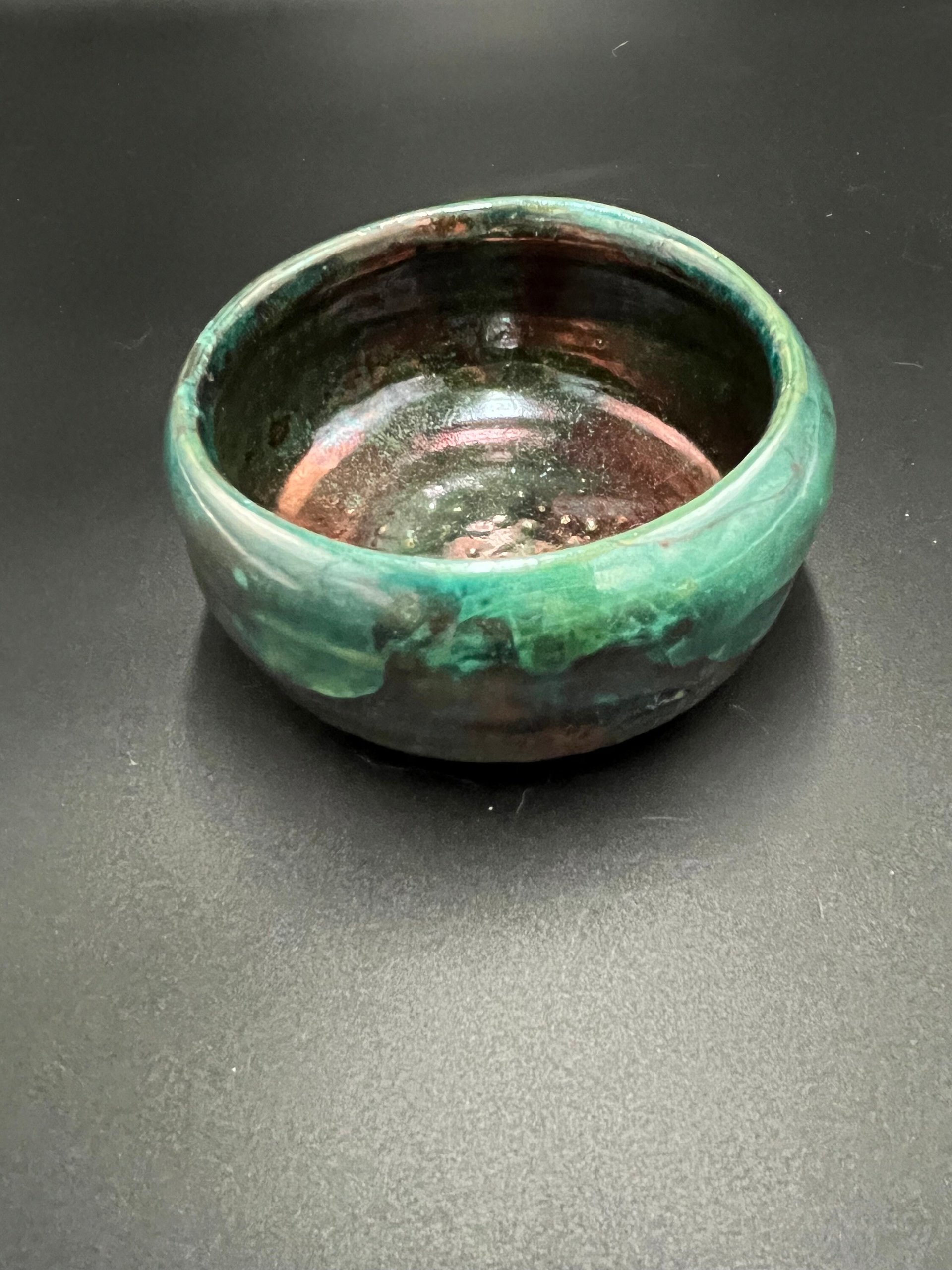 Handmade Green and Copper Irridescent Ceramic Bowl - Raku fired