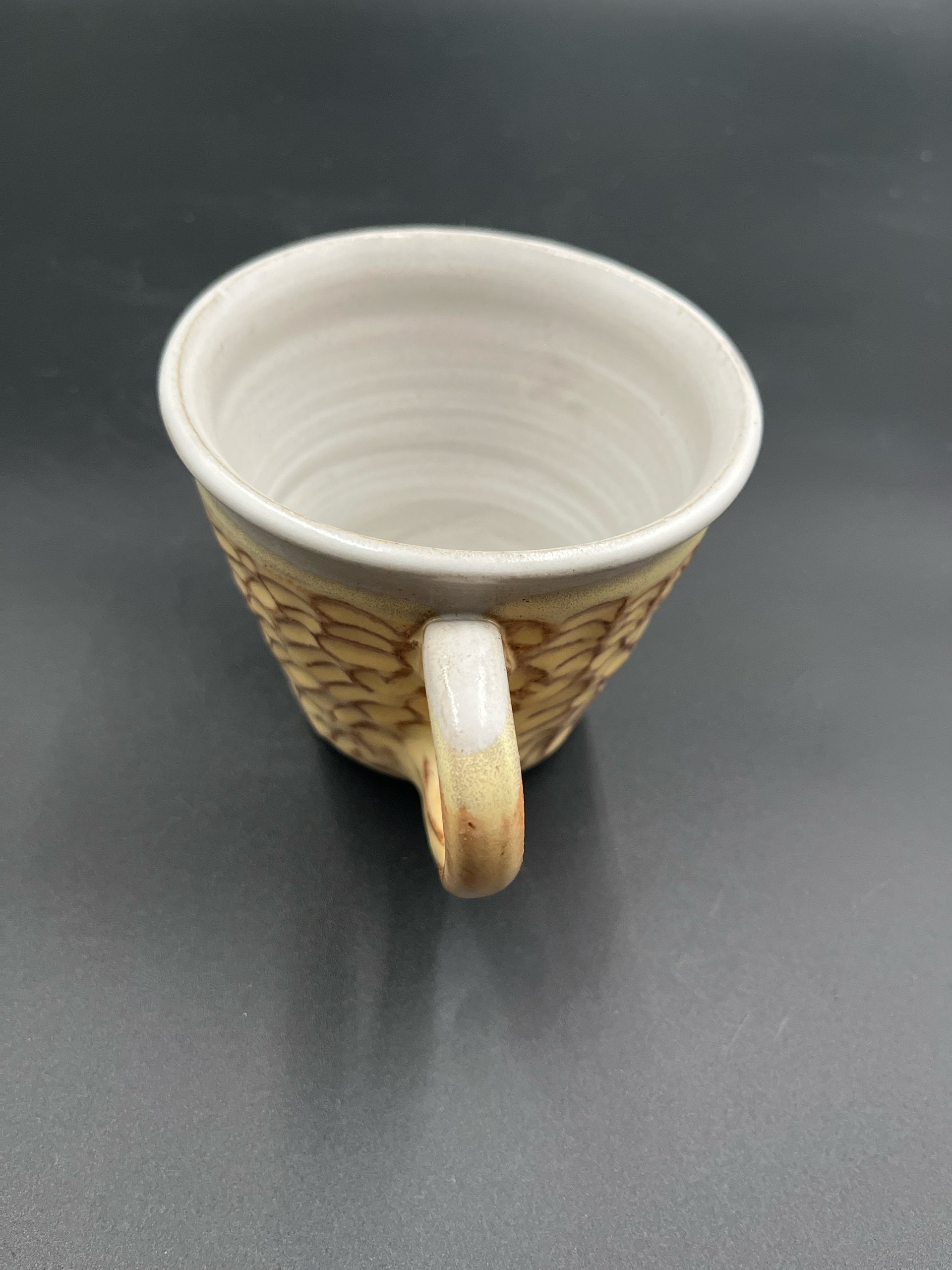 Handmade Carved Golden Yellow and White Carved Mug
