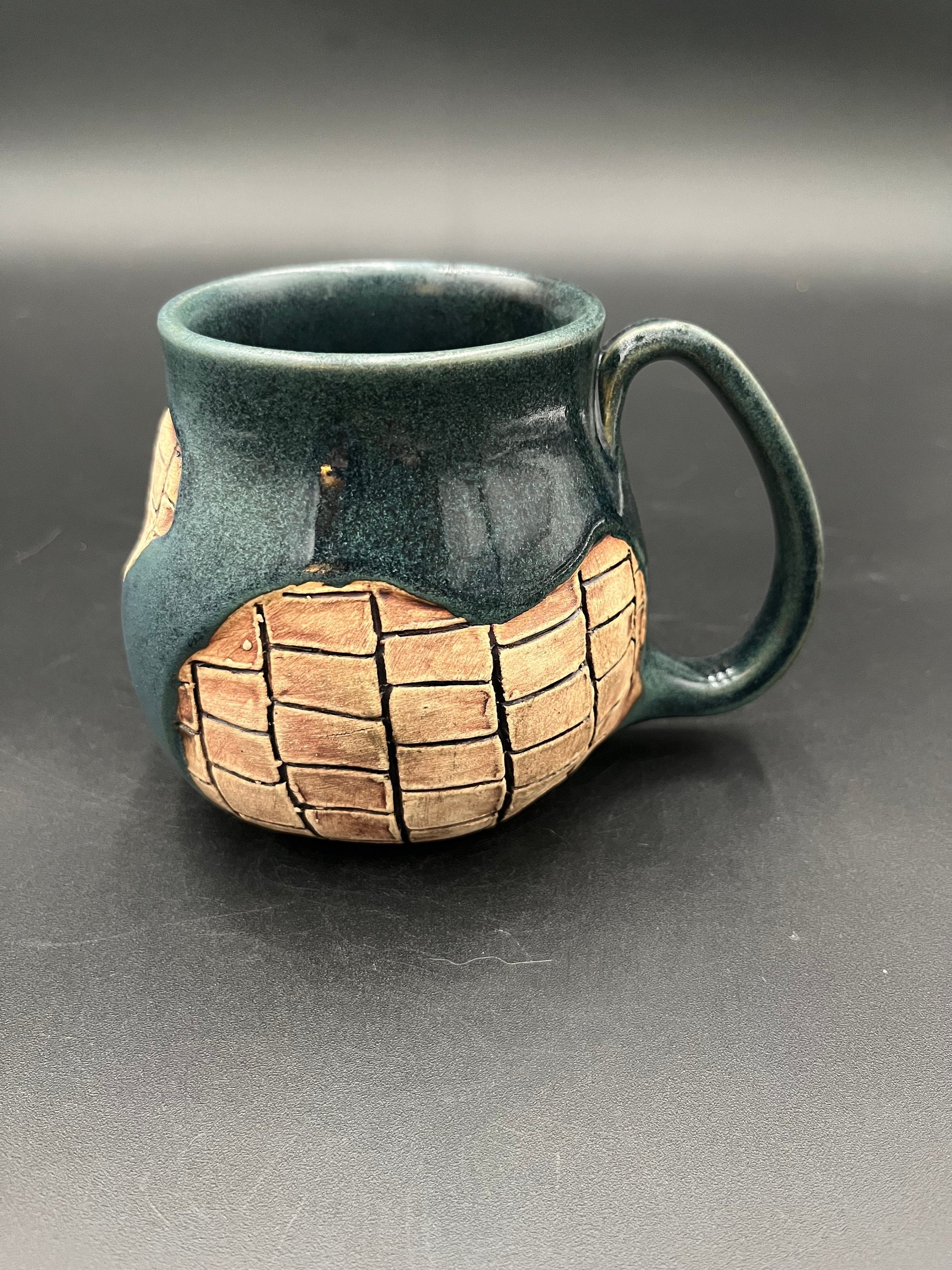 Handmade Ceramic Blue Mug with Carved Bricks - inspired by Diagon Alley