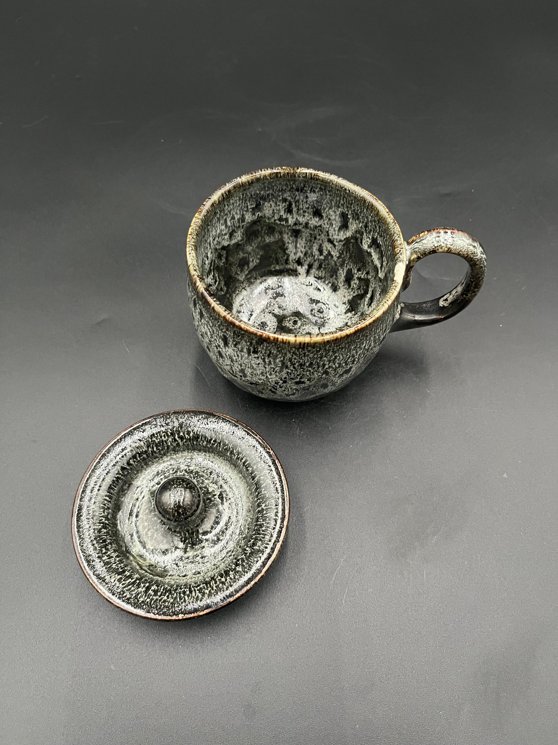 Handmade Ceramic Cauldron Inspired Black and White Mug - top included