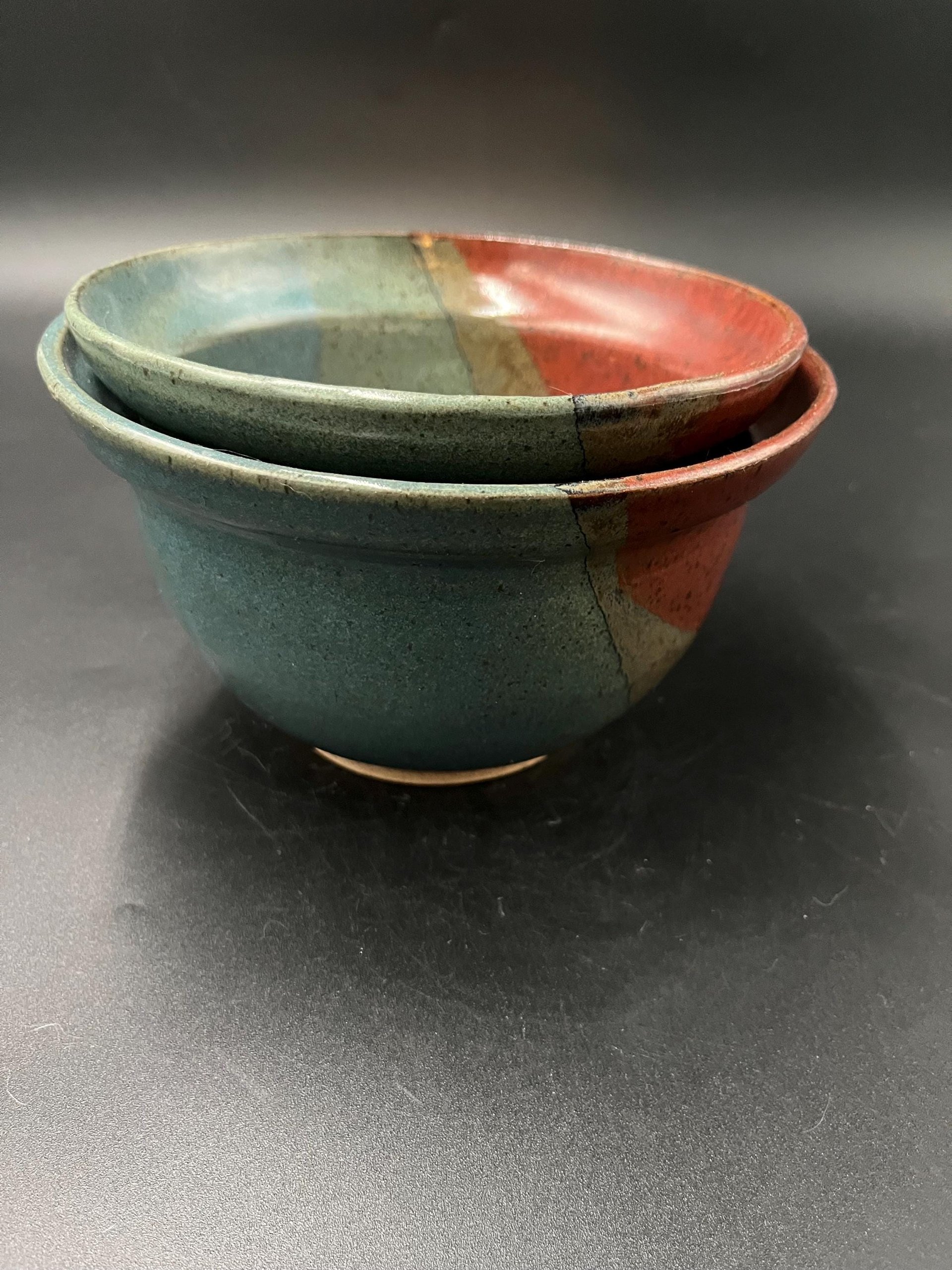 Handmade Earthy Blue-Green and Red Speckled Ceramic Stacking Bowl Set