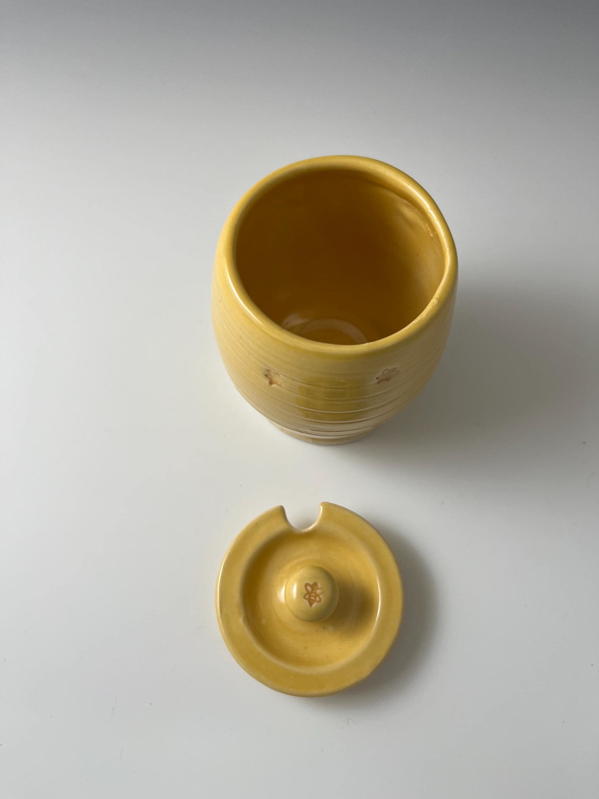 Handmade Ceramic Honey Jar - vibrant yellow with a bee design