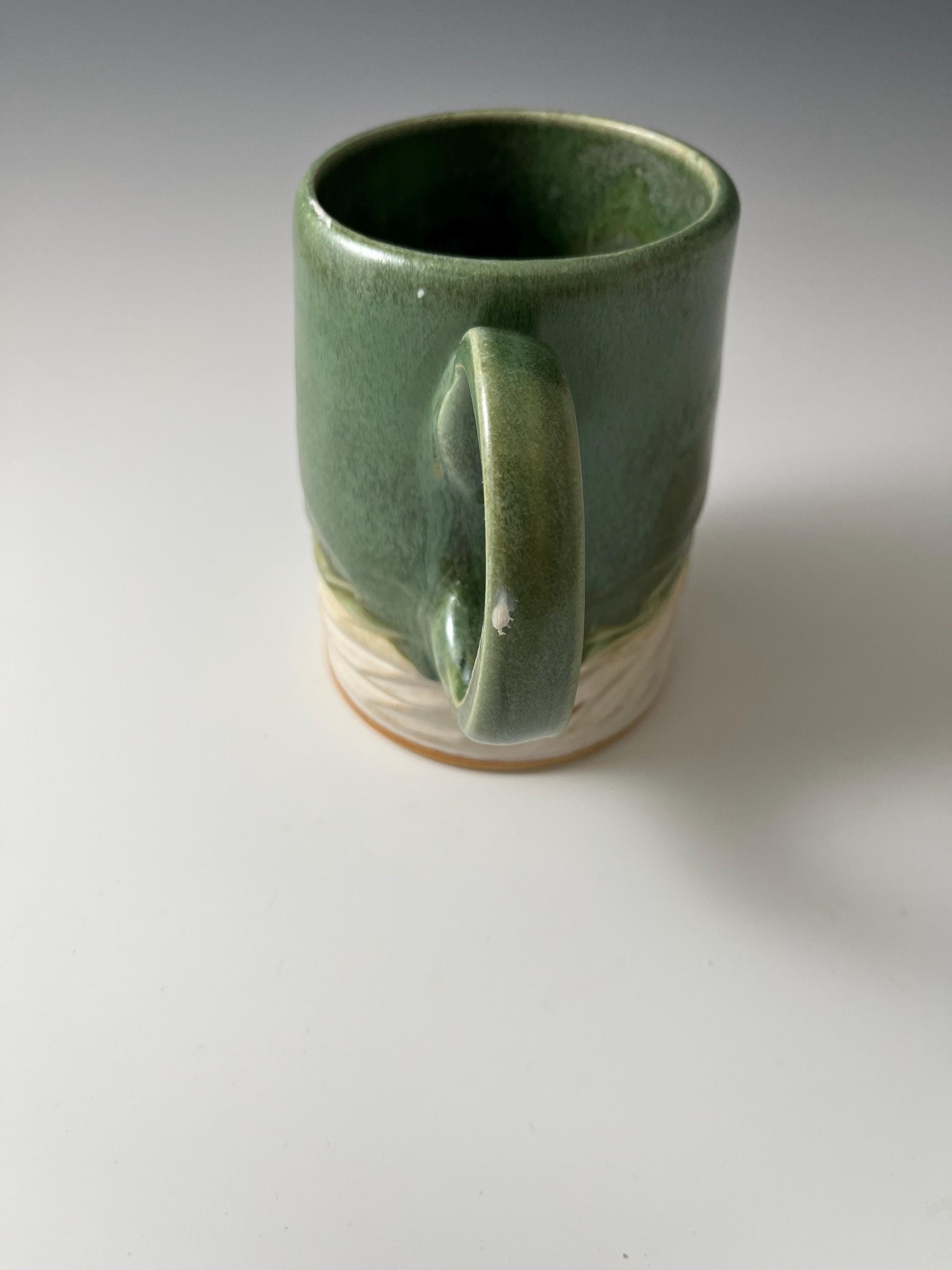 Large Handmade Ceramic Green and White Carved Mug