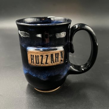Handmade Black and Blue Ceramic “Huzzah” Mug